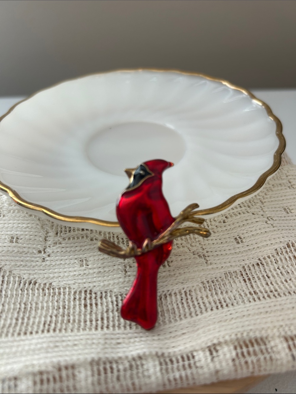 Red Cardinal Bird Brooch Pin with Gold Accents